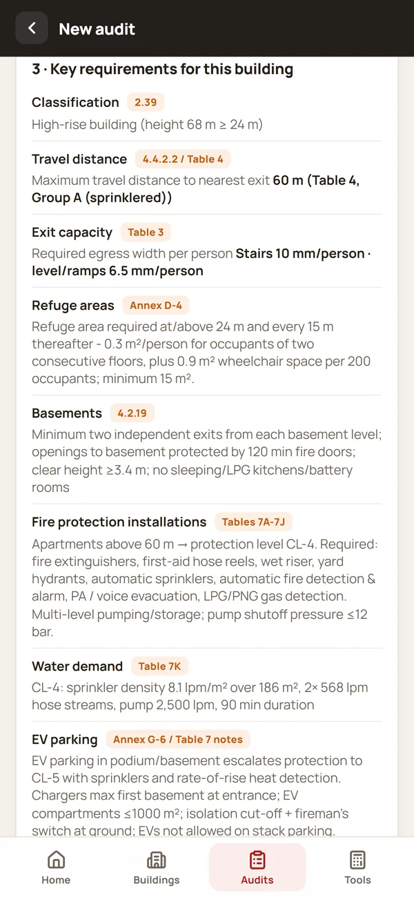 Key requirements derived for a building
