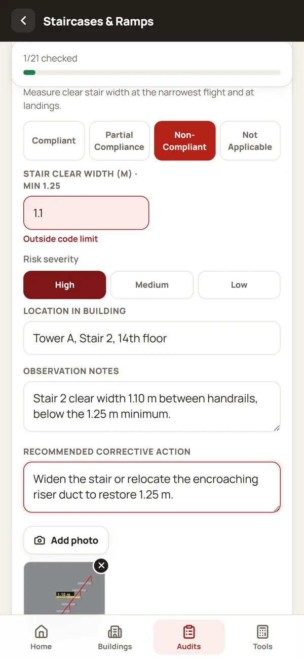 Recording a non-compliant stair width with its clause